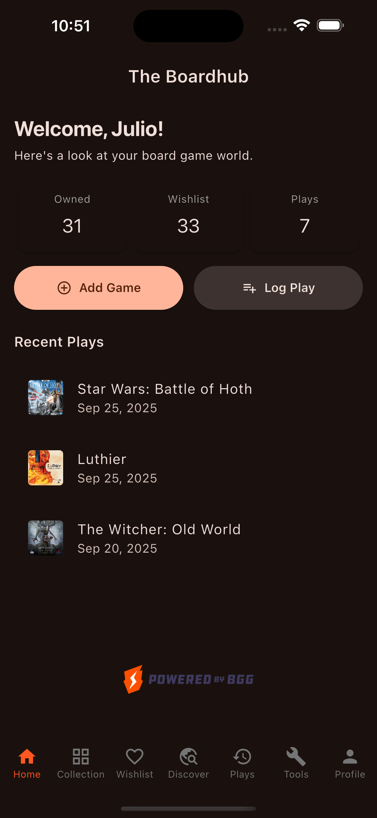 Home dashboard screenshot showcasing upcoming plays and stats.