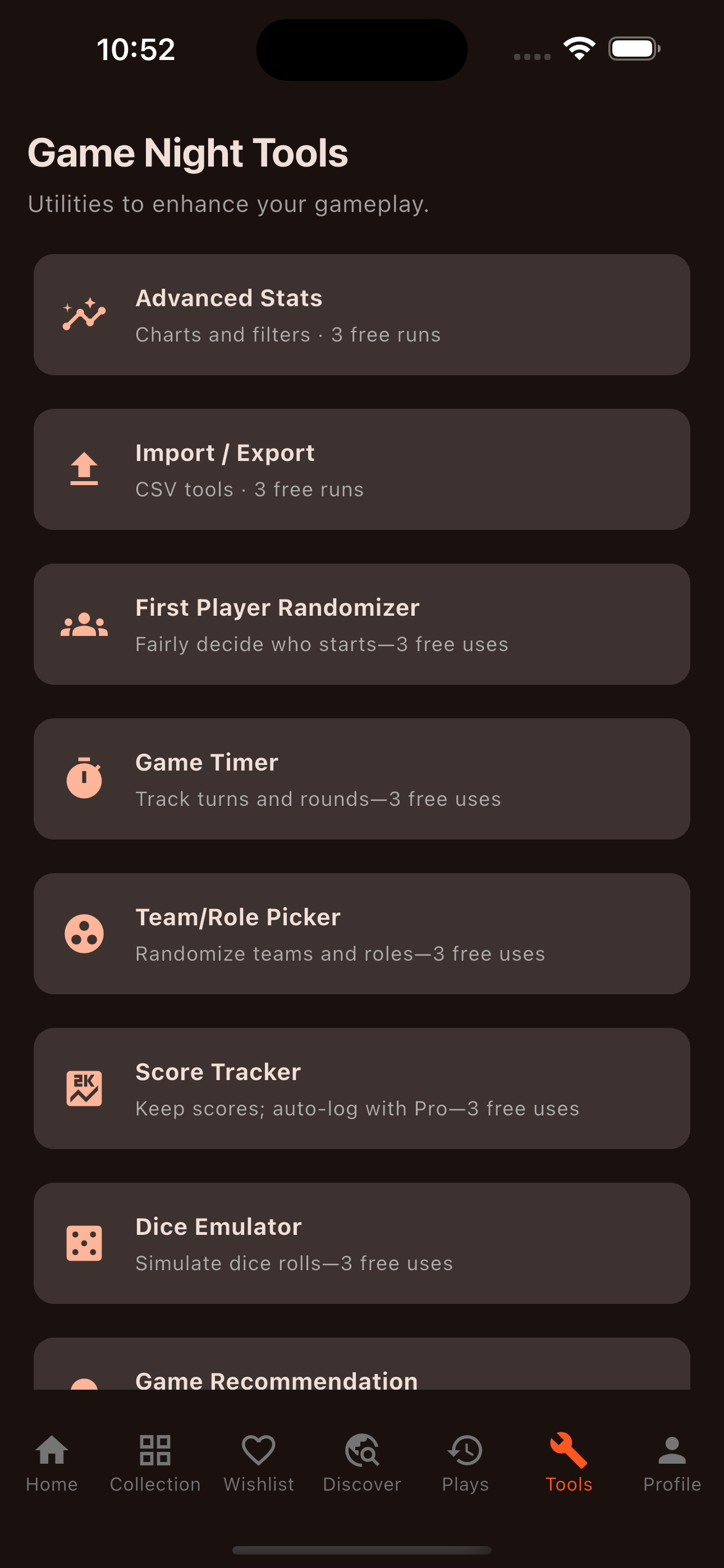 Game-night tools screenshot with timers, dice, and score tracker.